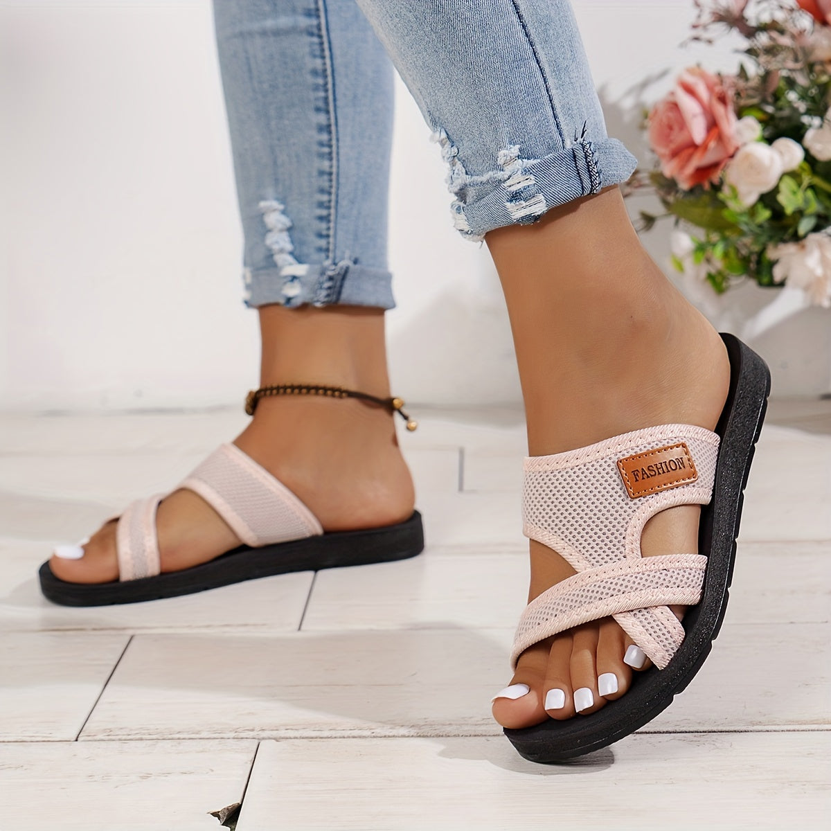 Atmungsaktive Mesh-Slide-Sandalen für Damen - Bequeme Offene Zehen Flache Schuhe mit Überkreuzten Riemen, Leichte Sommer-Schuhe in Schwarz/ oder Rot/Schwarz, Lässige Innen- & Außenbekleidung, Riemchensandalen