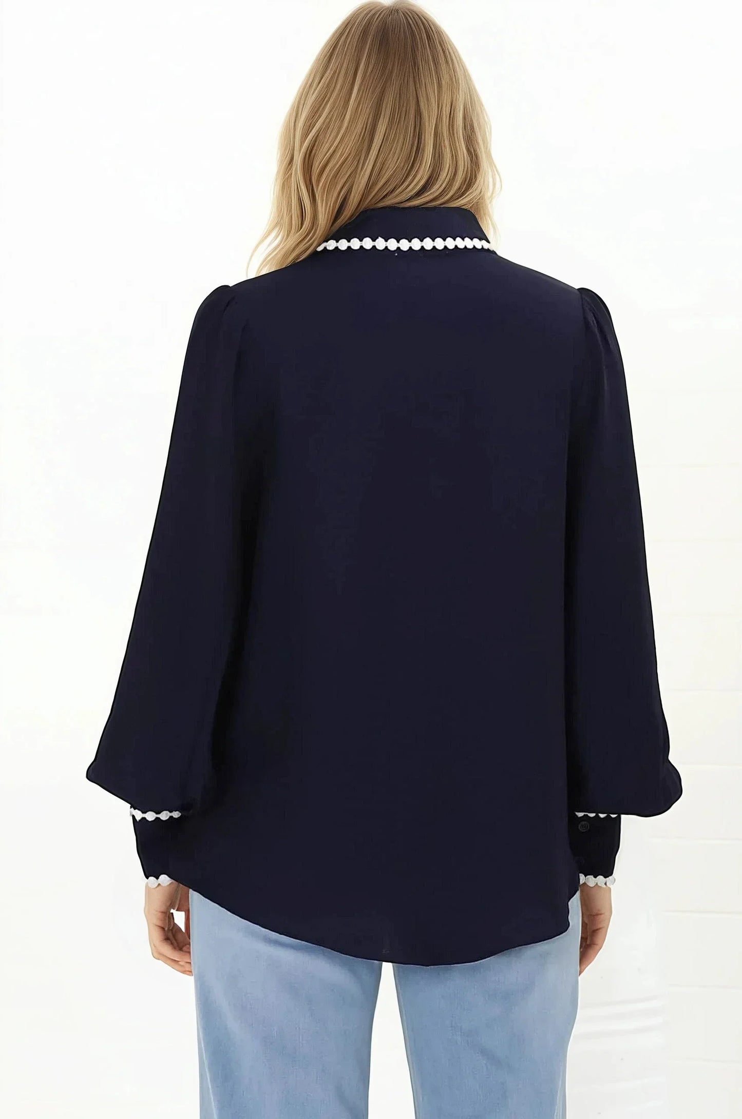 Bobbi Blouse - Contrast Scalloped Trim Button Down Shirt in Navy