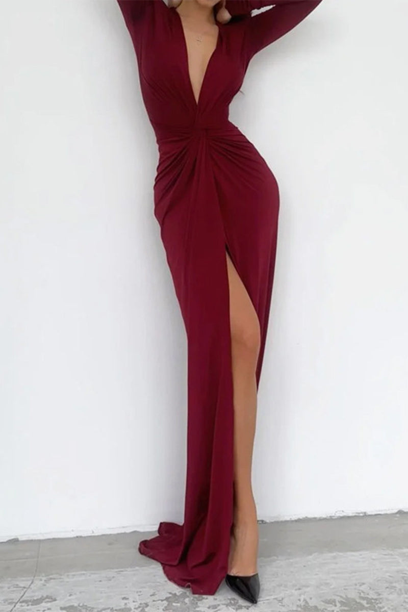 Kalani - V-Neck Long Sleeve One-Leg Open Stylish Pleated Dress