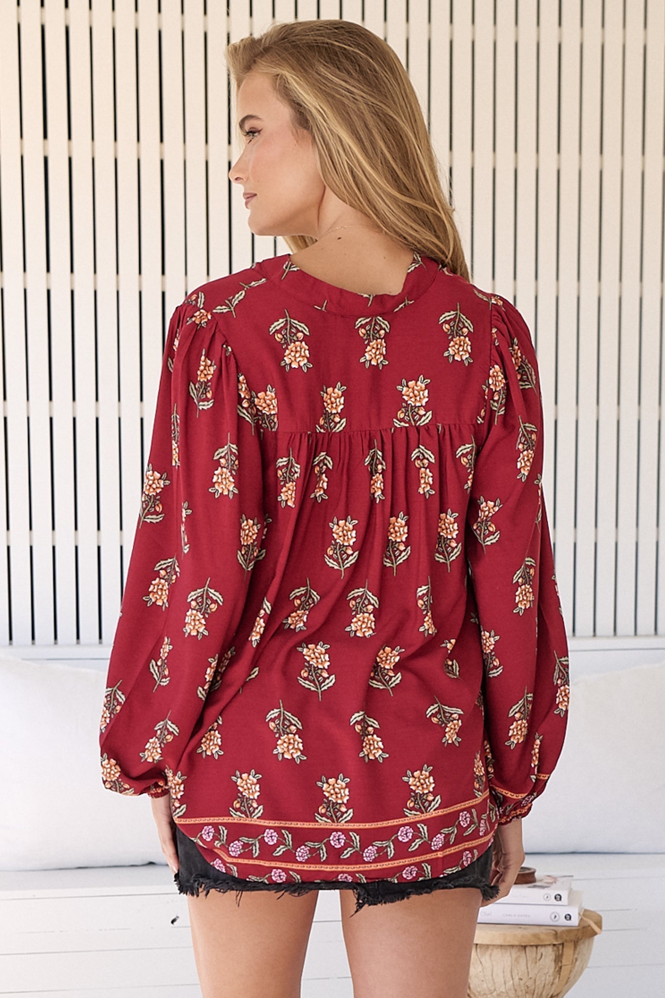 JAASE - Bee Blouse: Lace Decal Button Down Long Sleeve Blouse in Grenache Print