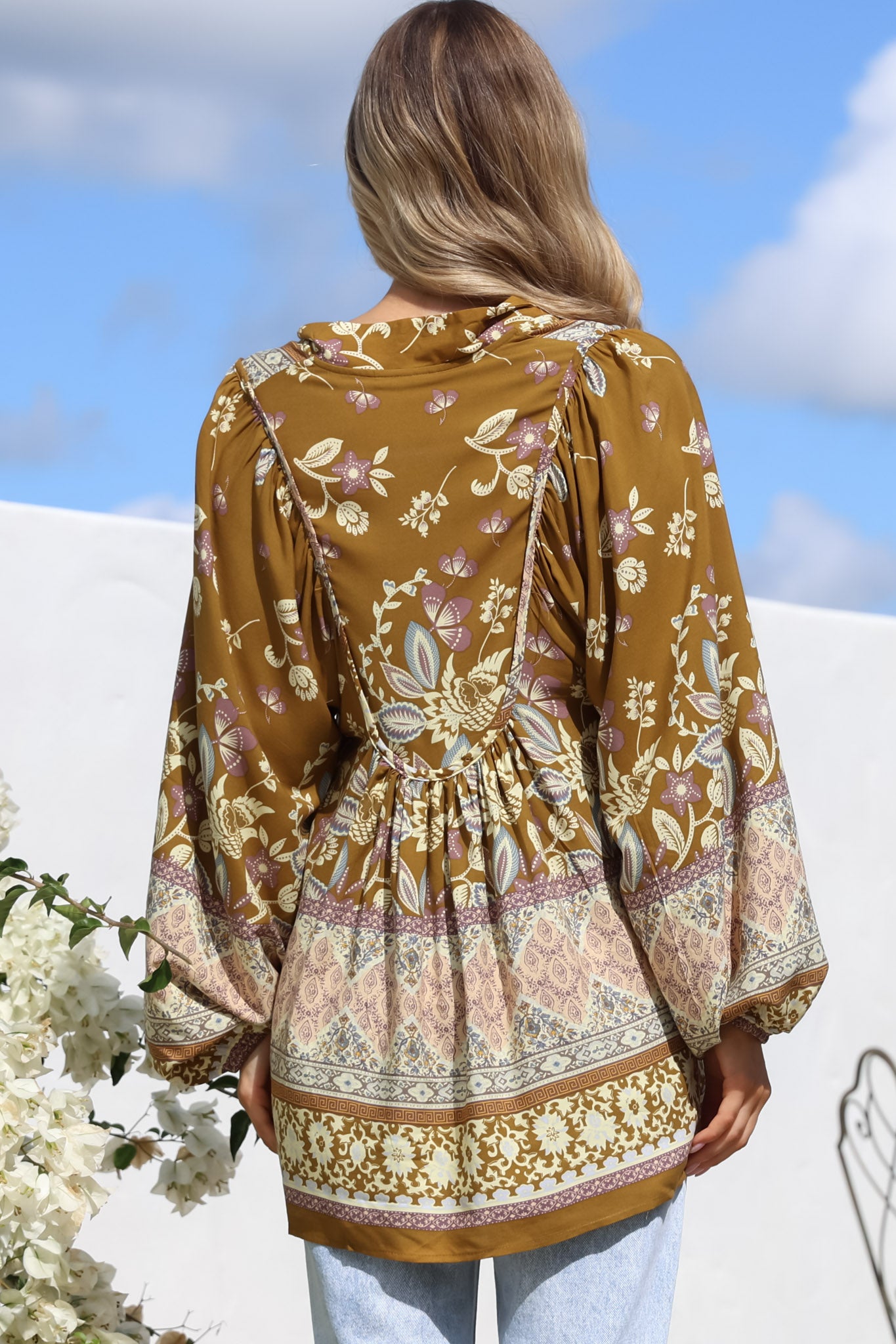 JAASE - Boheme Blouse: Thick Collar Smock Blouse with Long Sleeves in Emre Print