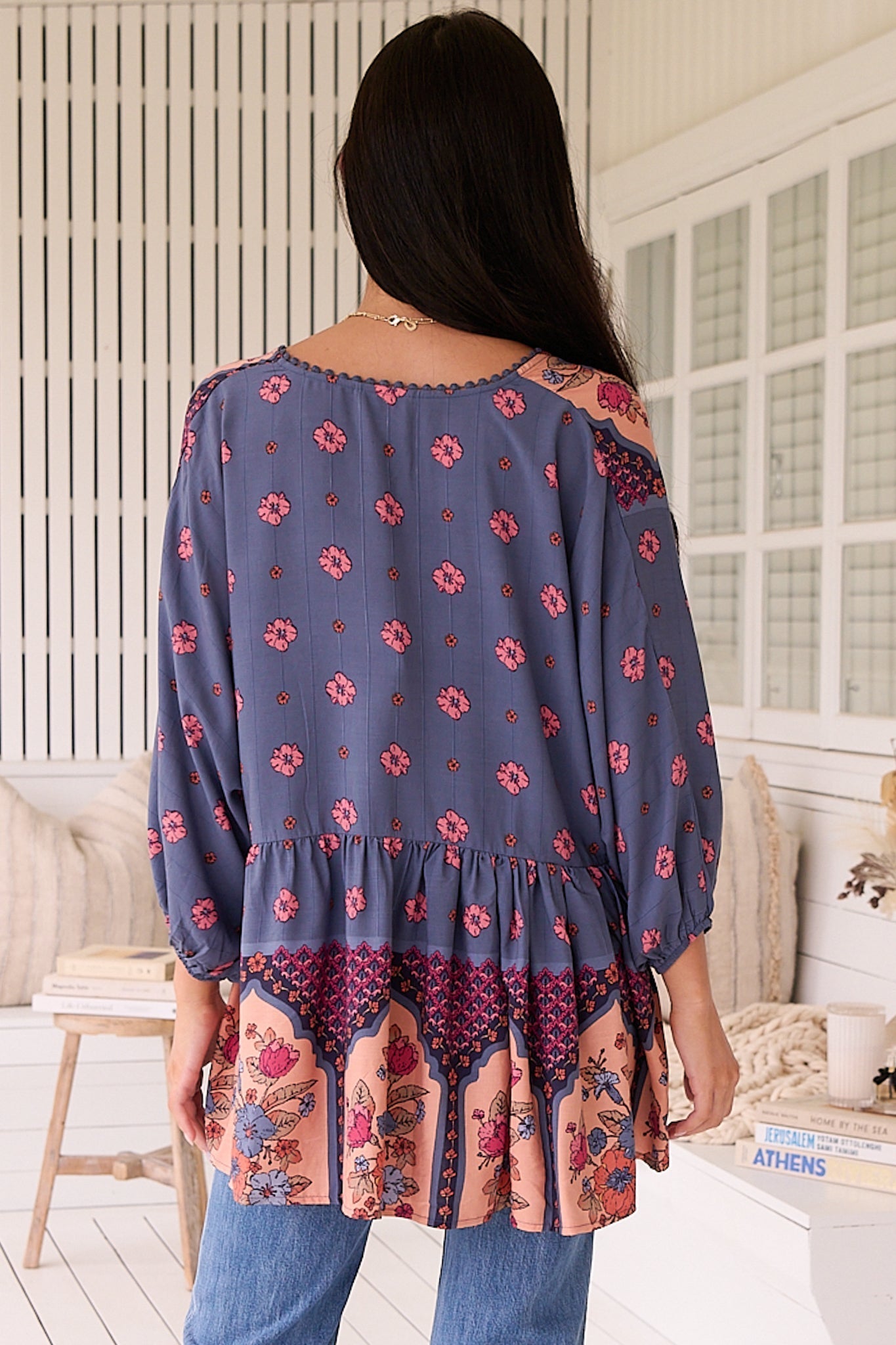 JAASE - Chloe Top: Very Oversized Crochet Trim Neckline Smock Top in Laney Print