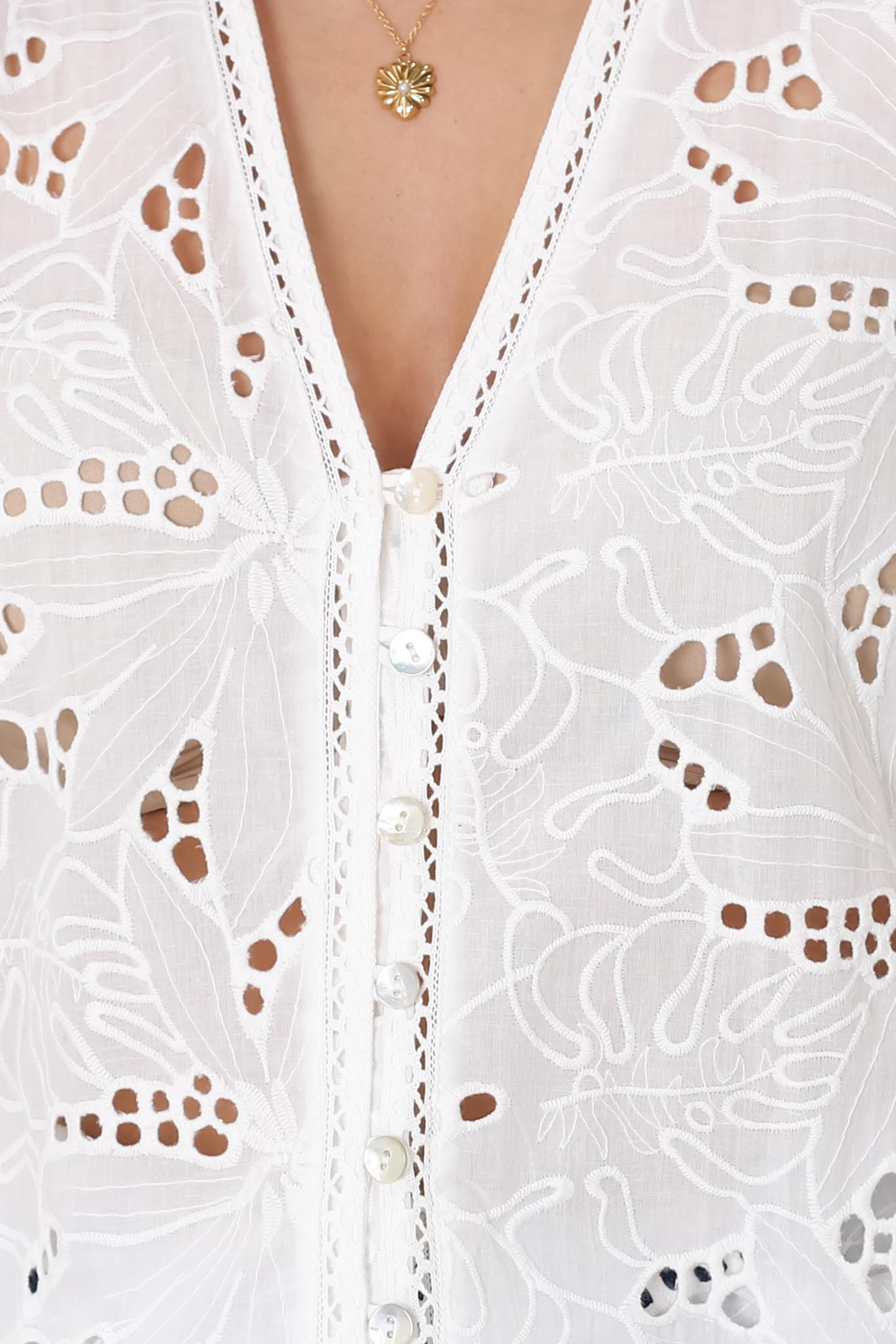 Clare Blouse - Hollow Out Embroidered Button Down Blouse in White