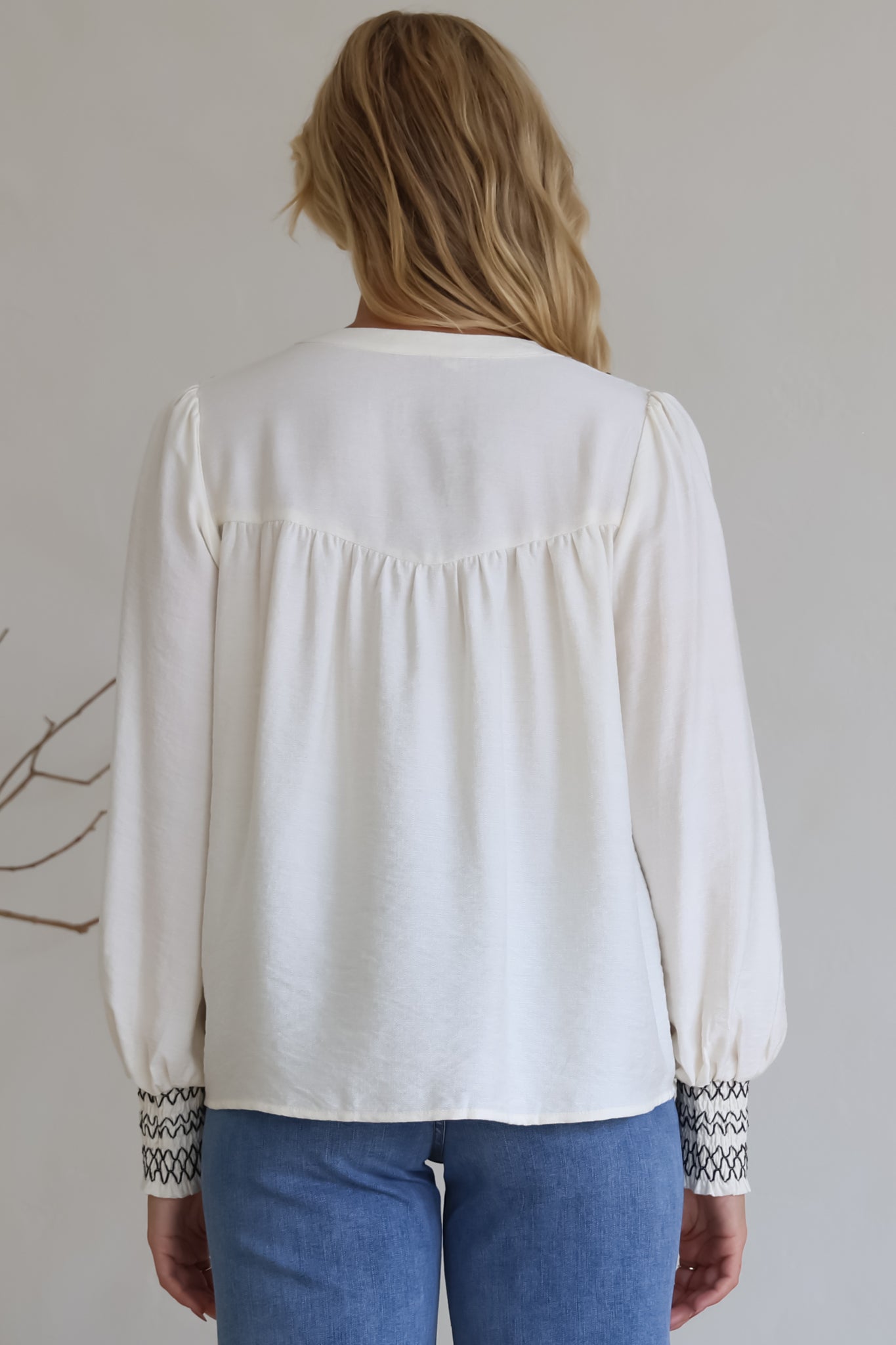 Leif Blouse - Mandarin Collar Button Down Blouse with Contrast Embroidering in Black