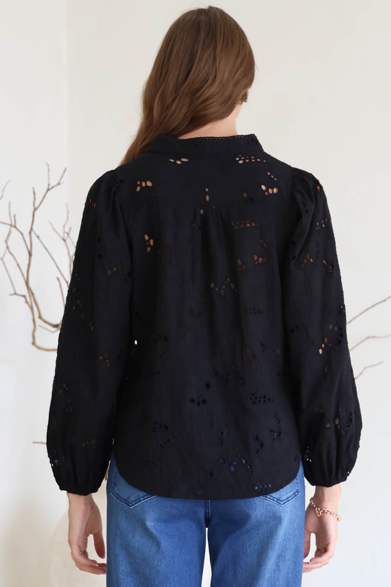 Marise Blouse - Hollow Out Embroidered Button Down Blouse in Black