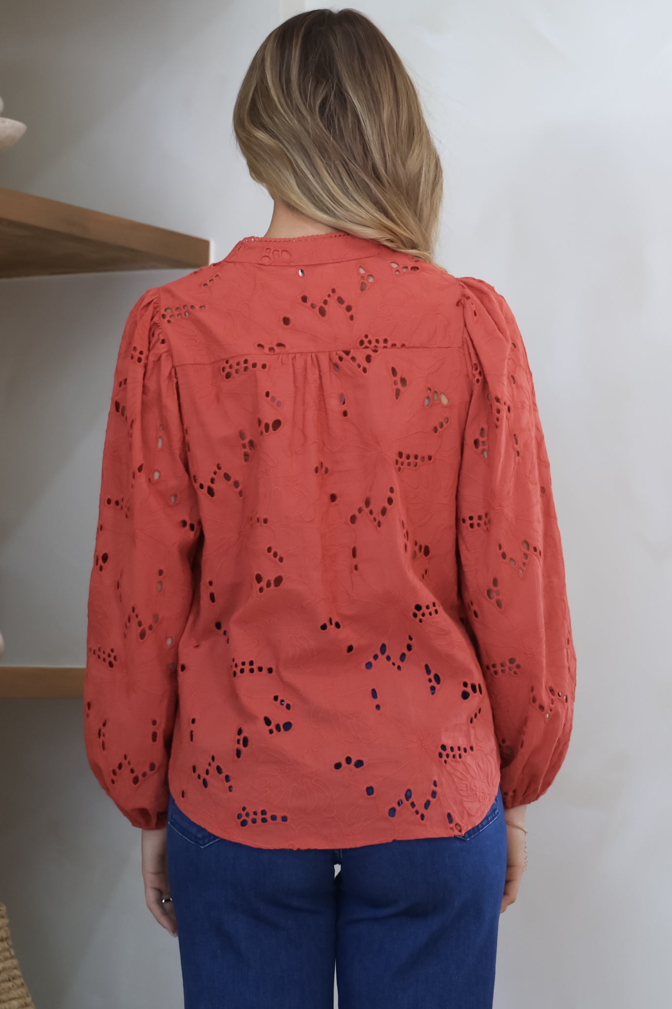 Marise Blouse - Hollow Out Embroidered Button Down Blouse in Rust