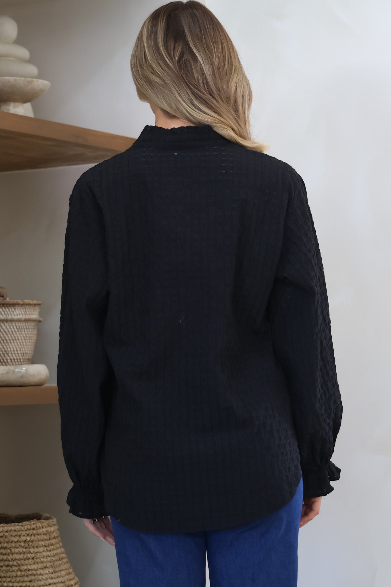 Morgan Blouse - Frill Collar Button Down Textured Blouse with Balloon Sleeves in Black