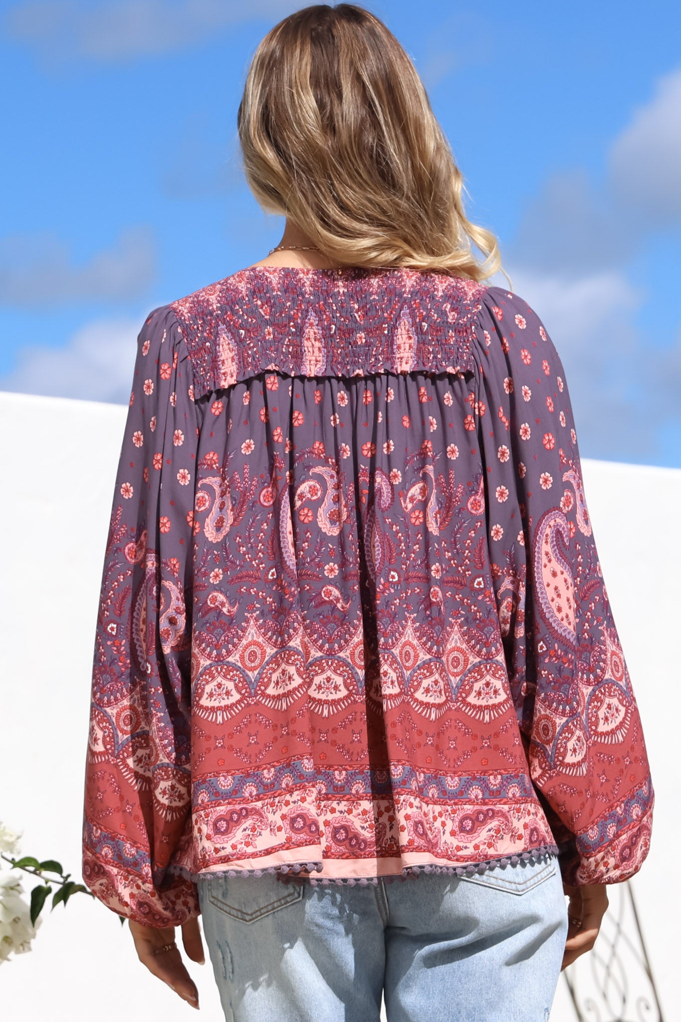 JAASE - Rue Top: V Neck Smock Top with Crochet Trim in Dancing Daisy Print