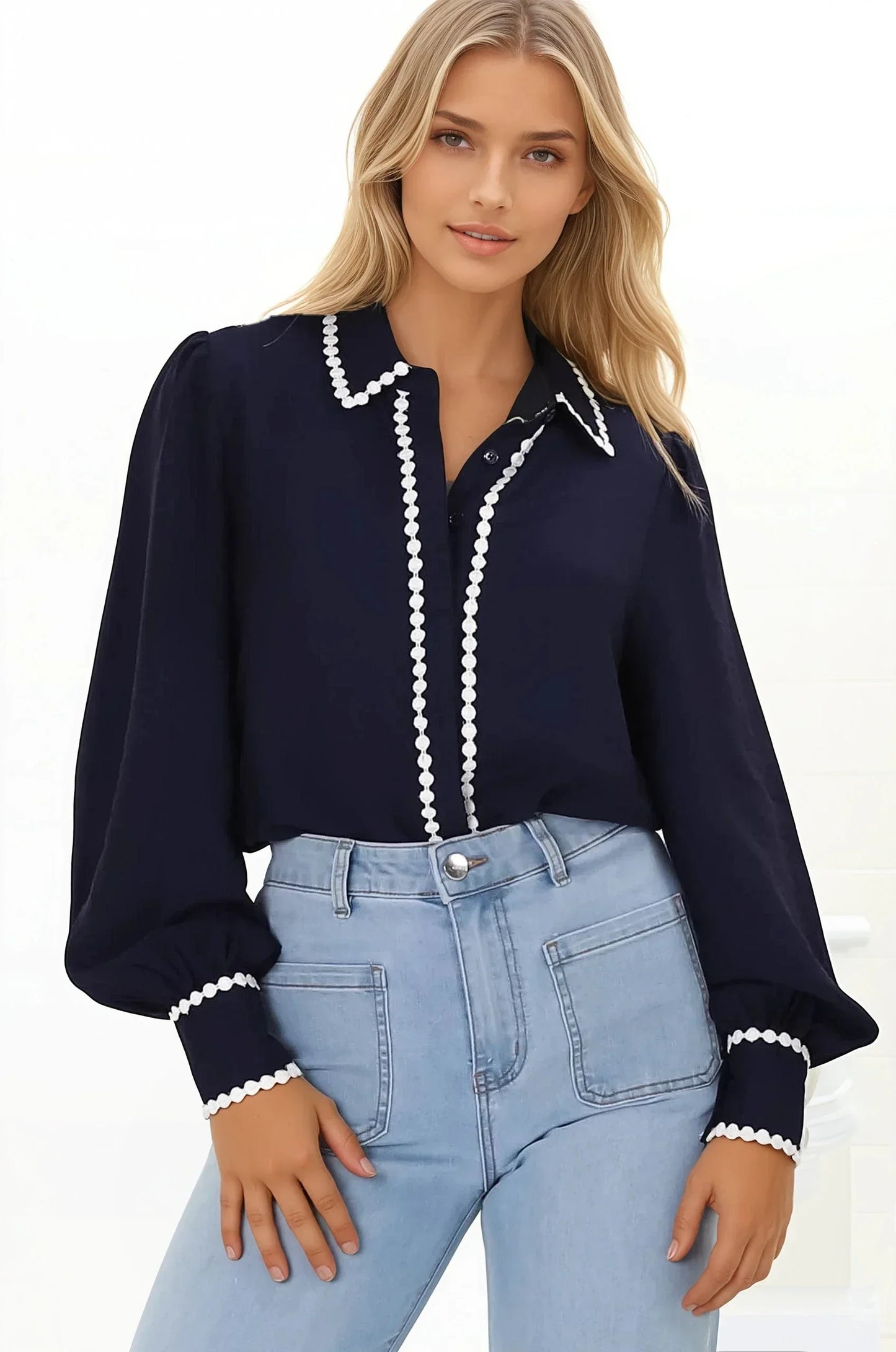 Bobbi Blouse - Contrast Scalloped Trim Button Down Shirt in Navy