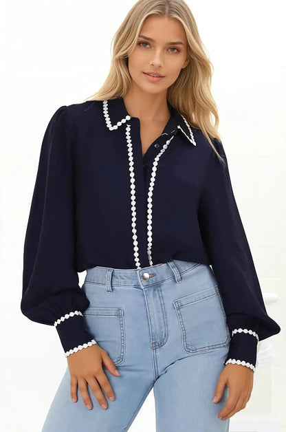 Bobbi Blouse - Contrast Scalloped Trim Button Down Shirt in Navy