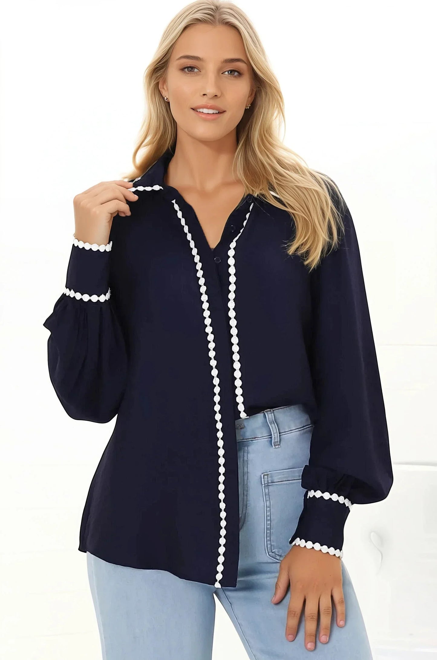 Bobbi Blouse - Contrast Scalloped Trim Button Down Shirt in Navy
