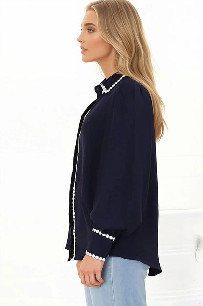 Bobbi Blouse - Contrast Scalloped Trim Button Down Shirt in Navy