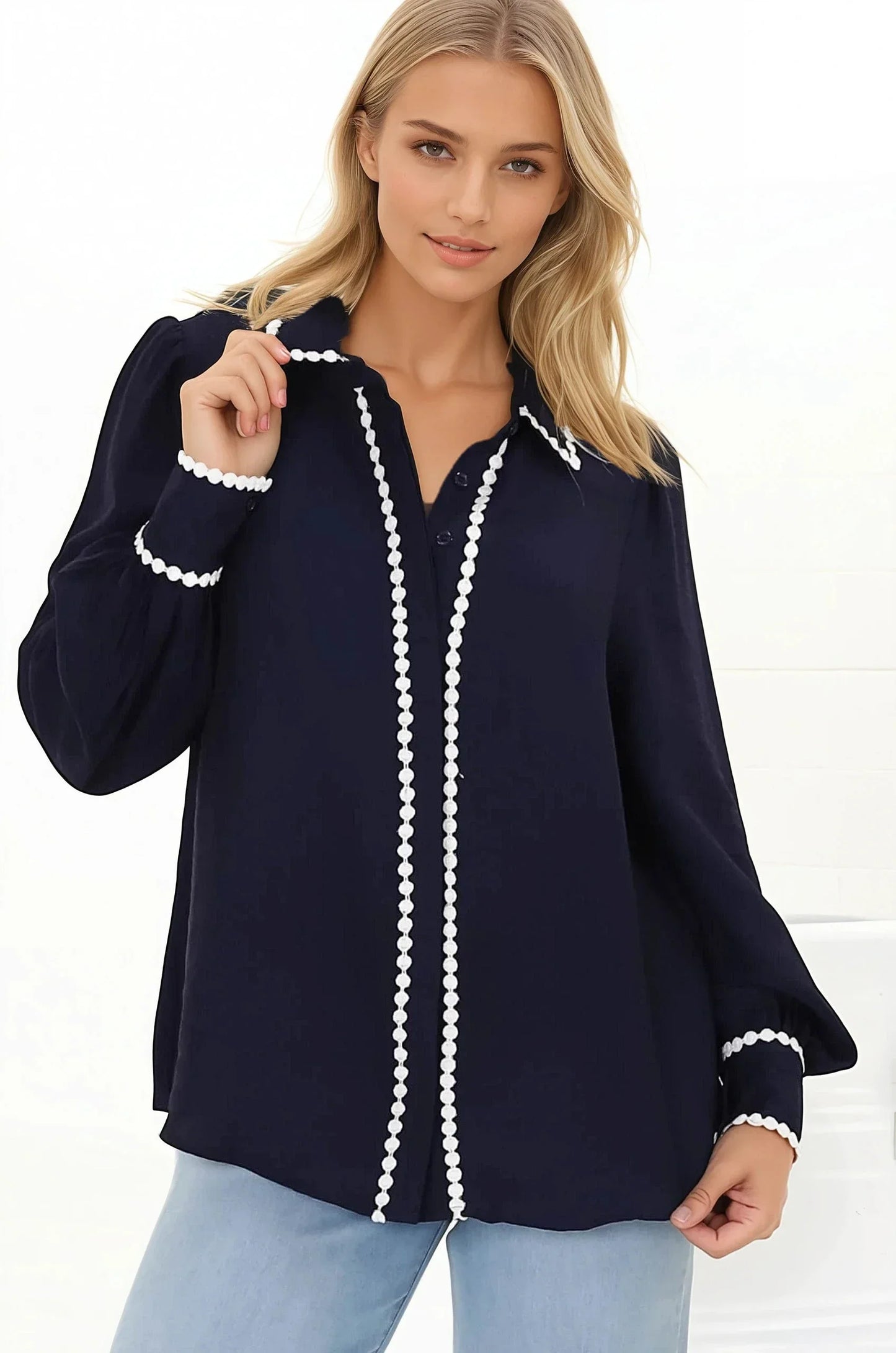 Bobbi Blouse - Contrast Scalloped Trim Button Down Shirt in Navy