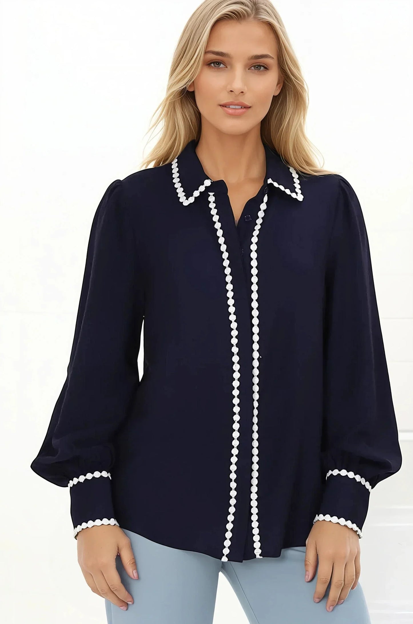 Bobbi Blouse - Contrast Scalloped Trim Button Down Shirt in Navy