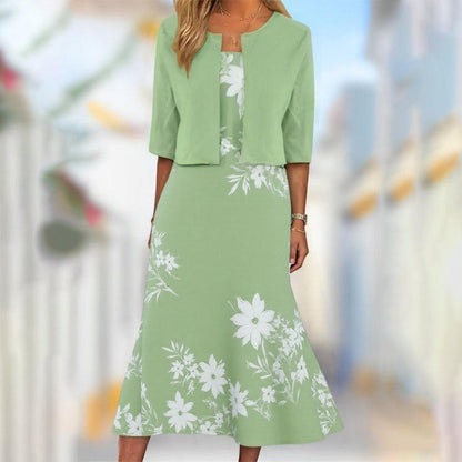 Unique Blue Plant Print Midi Dress With Jacket