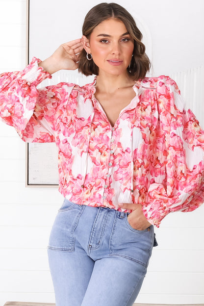 Moree Blouse - Frill Collar Neck Tie Button Down Shirt in Franc Print Pink