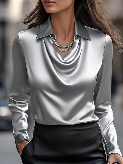 Elegant Satin Blouse with Draped Neckline