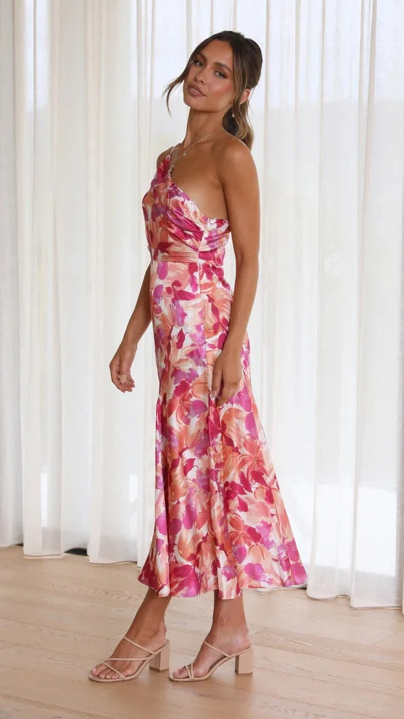 Floral One Shoulder Ruched Satin Dress