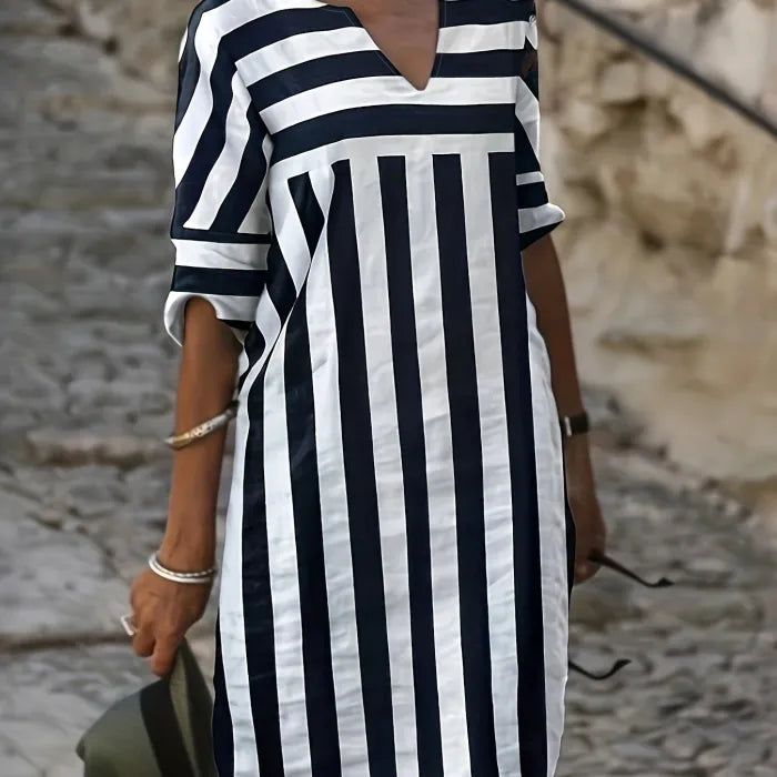 Faith - Casual Striped Dress With Notched Neckline