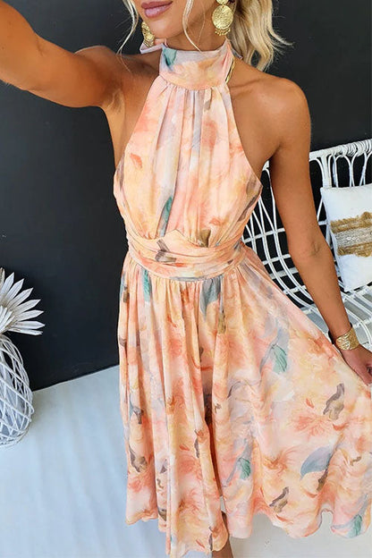 Halter Neck Open Back Waisted Watercolor Print Maxi Dress