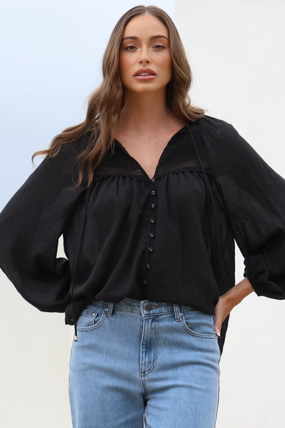 Angeline Top - Buttoned Down Scoop Hem Balloon Sleeve Top in Black