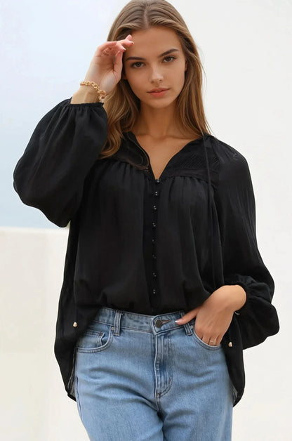 Angeline Top - Buttoned Down Scoop Hem Balloon Sleeve Top in Black