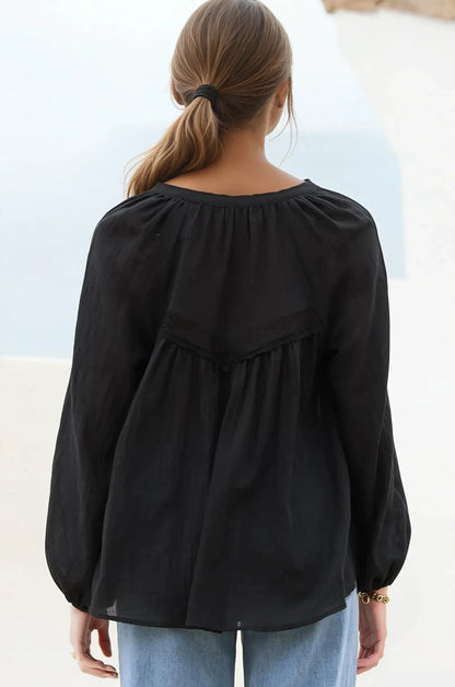 Angeline Top - Buttoned Down Scoop Hem Balloon Sleeve Top in Black
