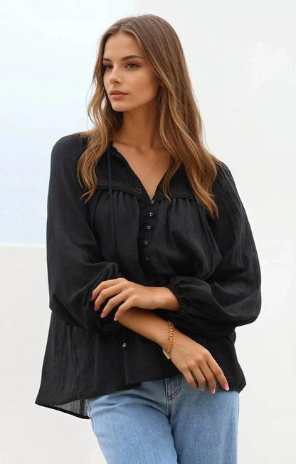 Angeline Top - Buttoned Down Scoop Hem Balloon Sleeve Top in Black