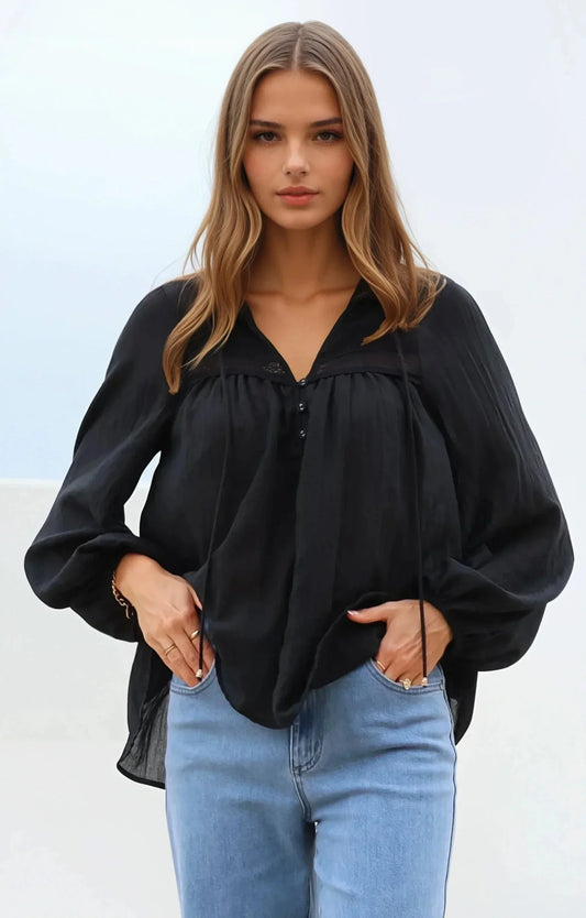 Angeline Top - Buttoned Down Scoop Hem Balloon Sleeve Top in Black