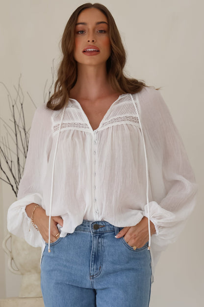 Angeline Top - Buttoned Down Scoop Hem Balloon Sleeve Top in White