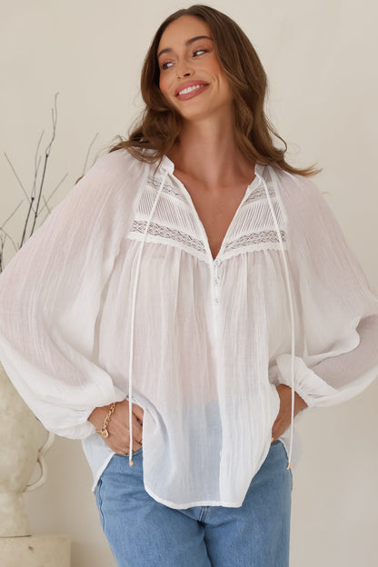 Angeline Top - Buttoned Down Scoop Hem Balloon Sleeve Top in White