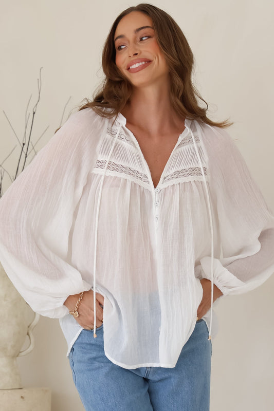 Angeline Top - Buttoned Down Scoop Hem Balloon Sleeve Top in White