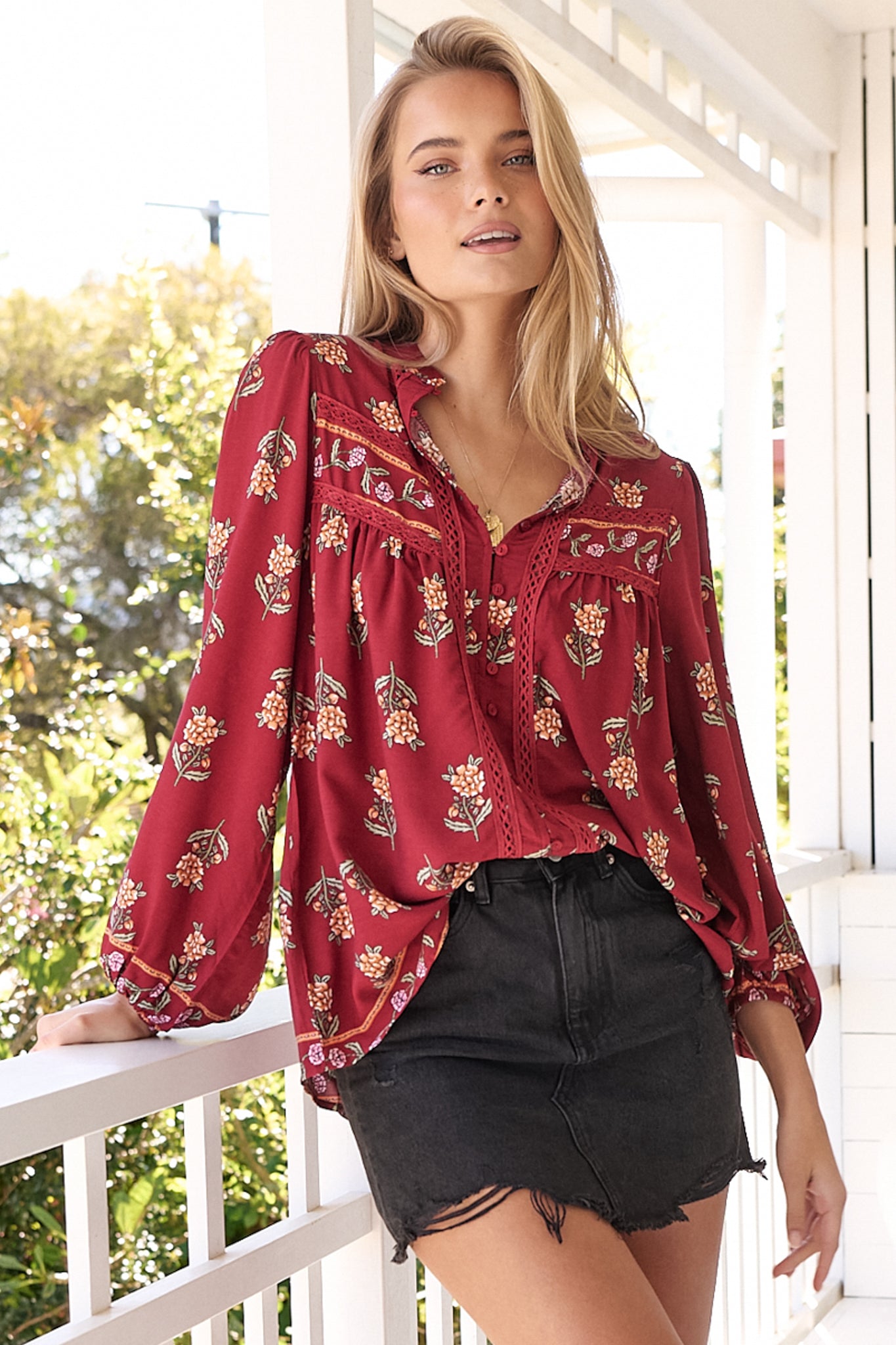 JAASE - Bee Blouse: Lace Decal Button Down Long Sleeve Blouse in Grenache Print