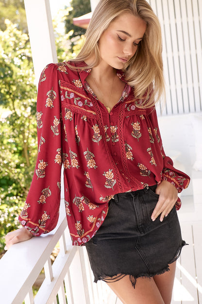 JAASE - Bee Blouse: Lace Decal Button Down Long Sleeve Blouse in Grenache Print
