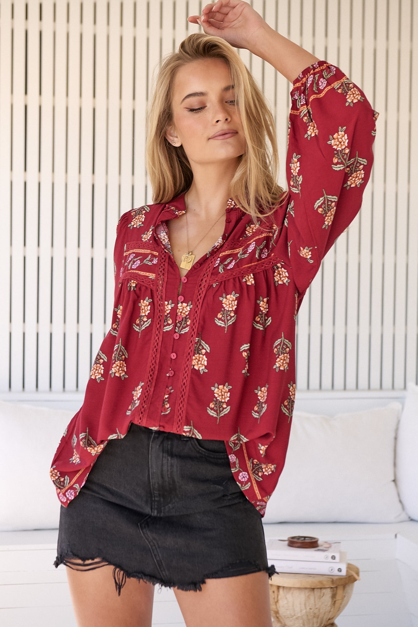 JAASE - Bee Blouse: Lace Decal Button Down Long Sleeve Blouse in Grenache Print