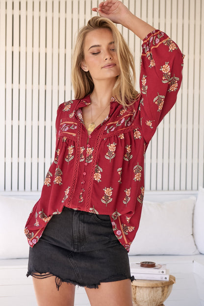JAASE - Bee Blouse: Lace Decal Button Down Long Sleeve Blouse in Grenache Print