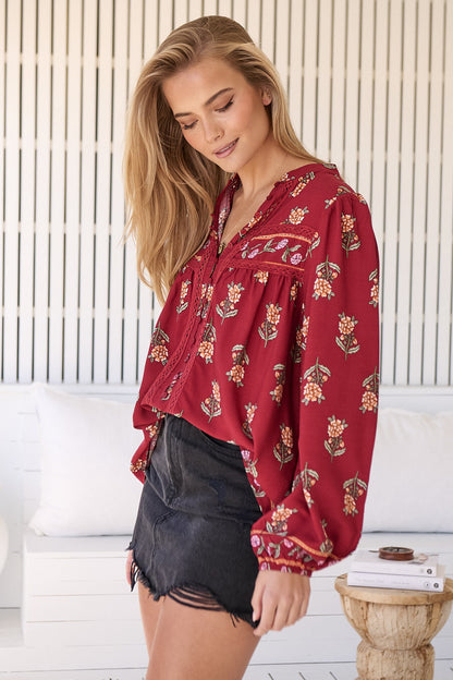 JAASE - Bee Blouse: Lace Decal Button Down Long Sleeve Blouse in Grenache Print