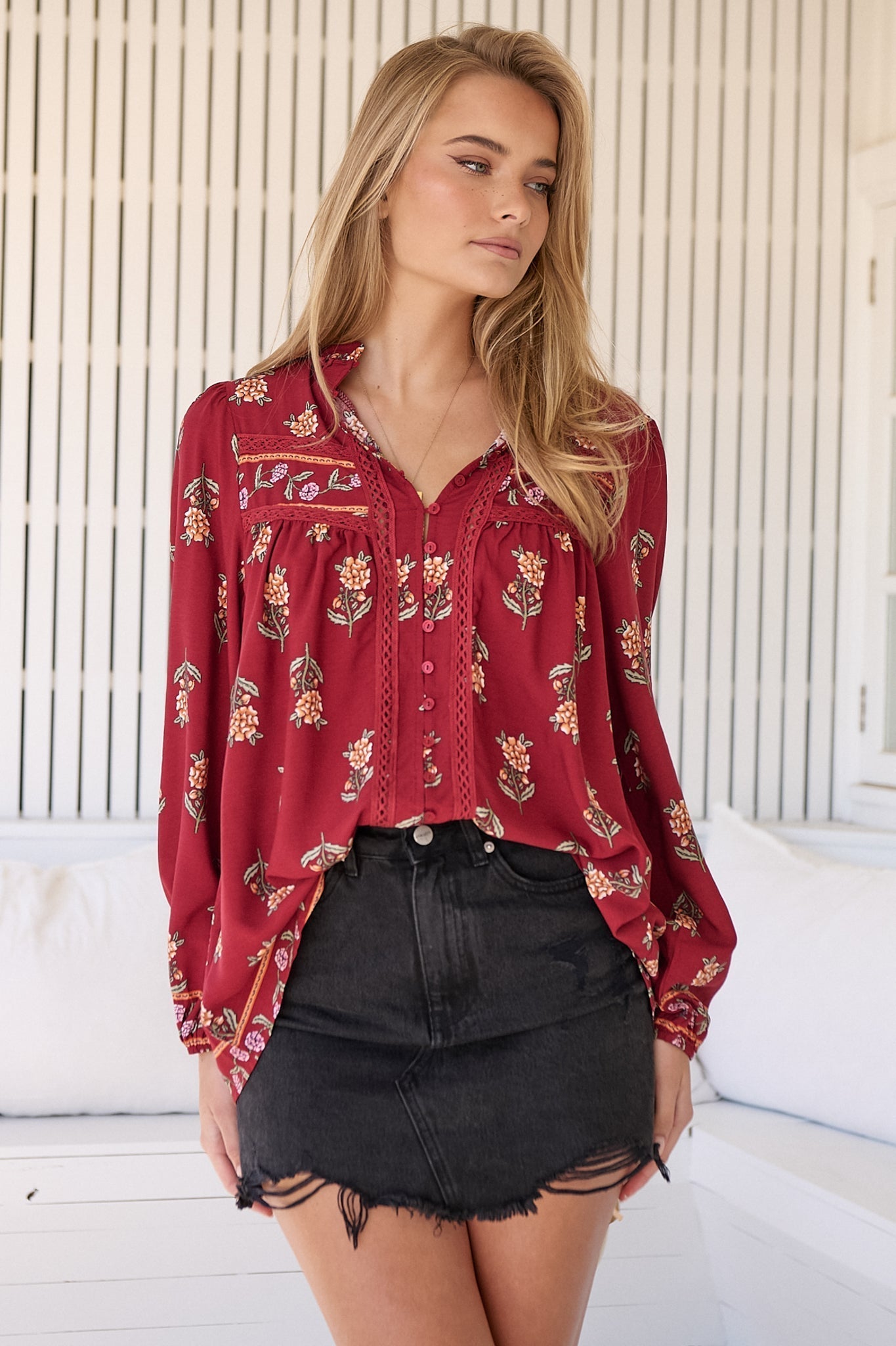 JAASE - Bee Blouse: Lace Decal Button Down Long Sleeve Blouse in Grenache Print