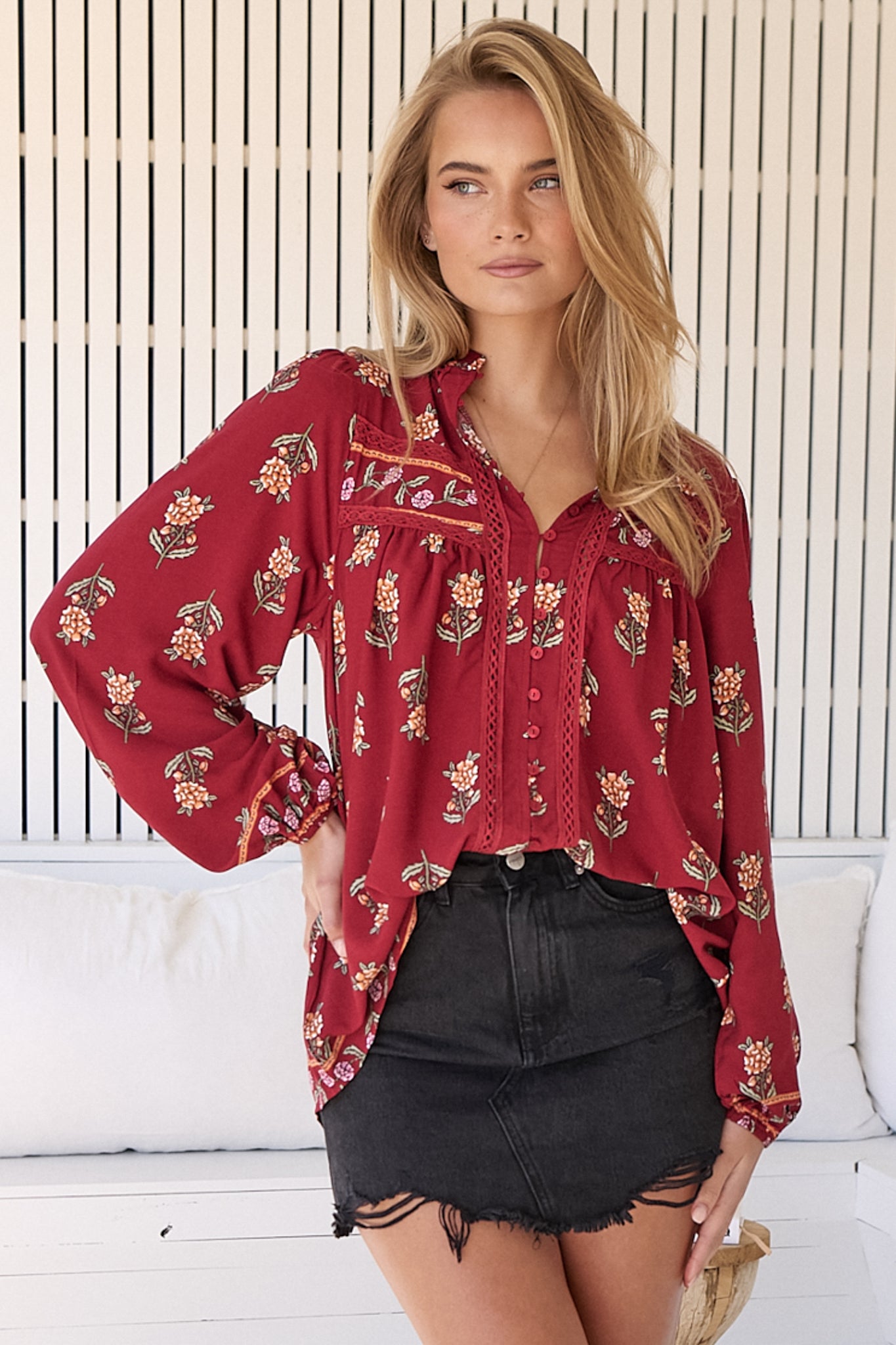 JAASE - Bee Blouse: Lace Decal Button Down Long Sleeve Blouse in Grenache Print