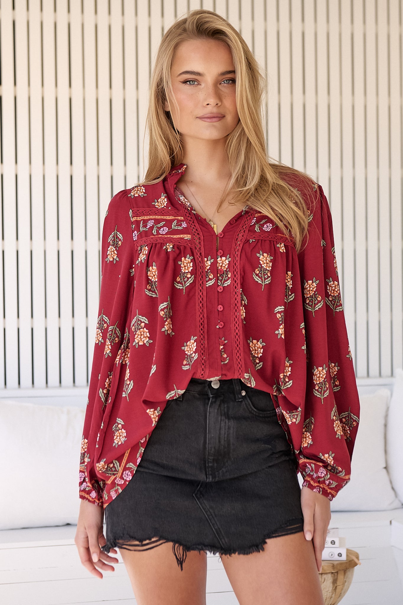 JAASE - Bee Blouse: Lace Decal Button Down Long Sleeve Blouse in Grenache Print