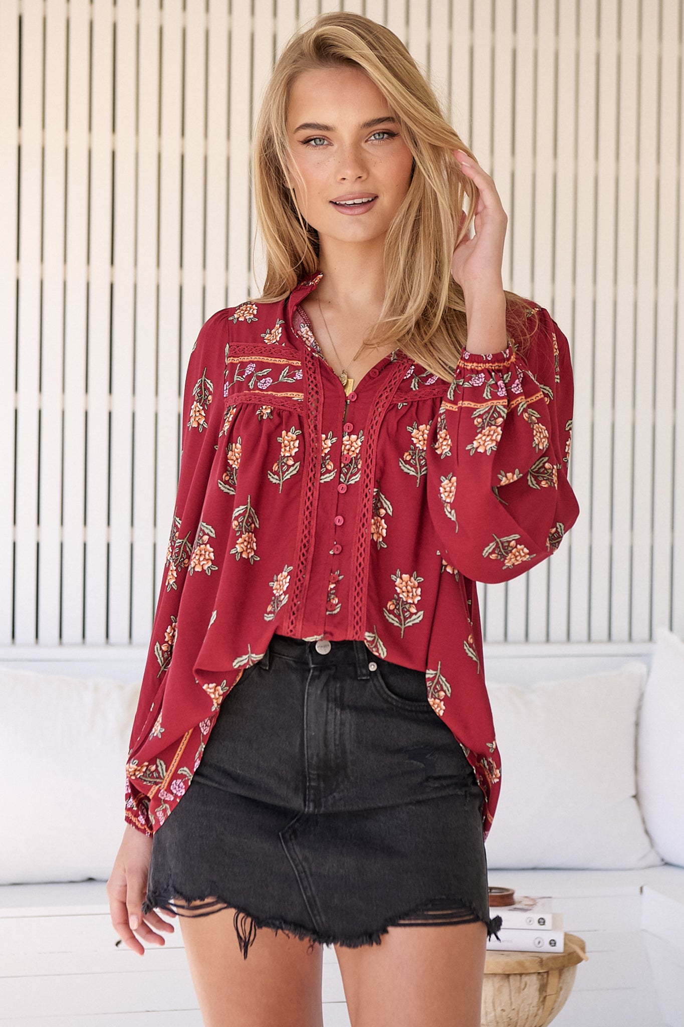 JAASE - Bee Blouse: Lace Decal Button Down Long Sleeve Blouse in Grenache Print