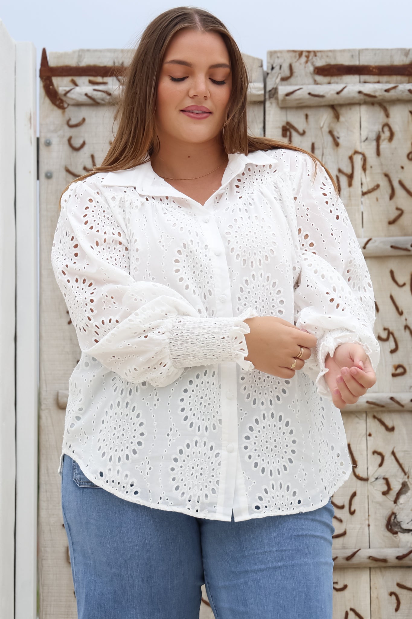 Benton Blouse - Hollow Out Embroidered Button Down Shirt in White