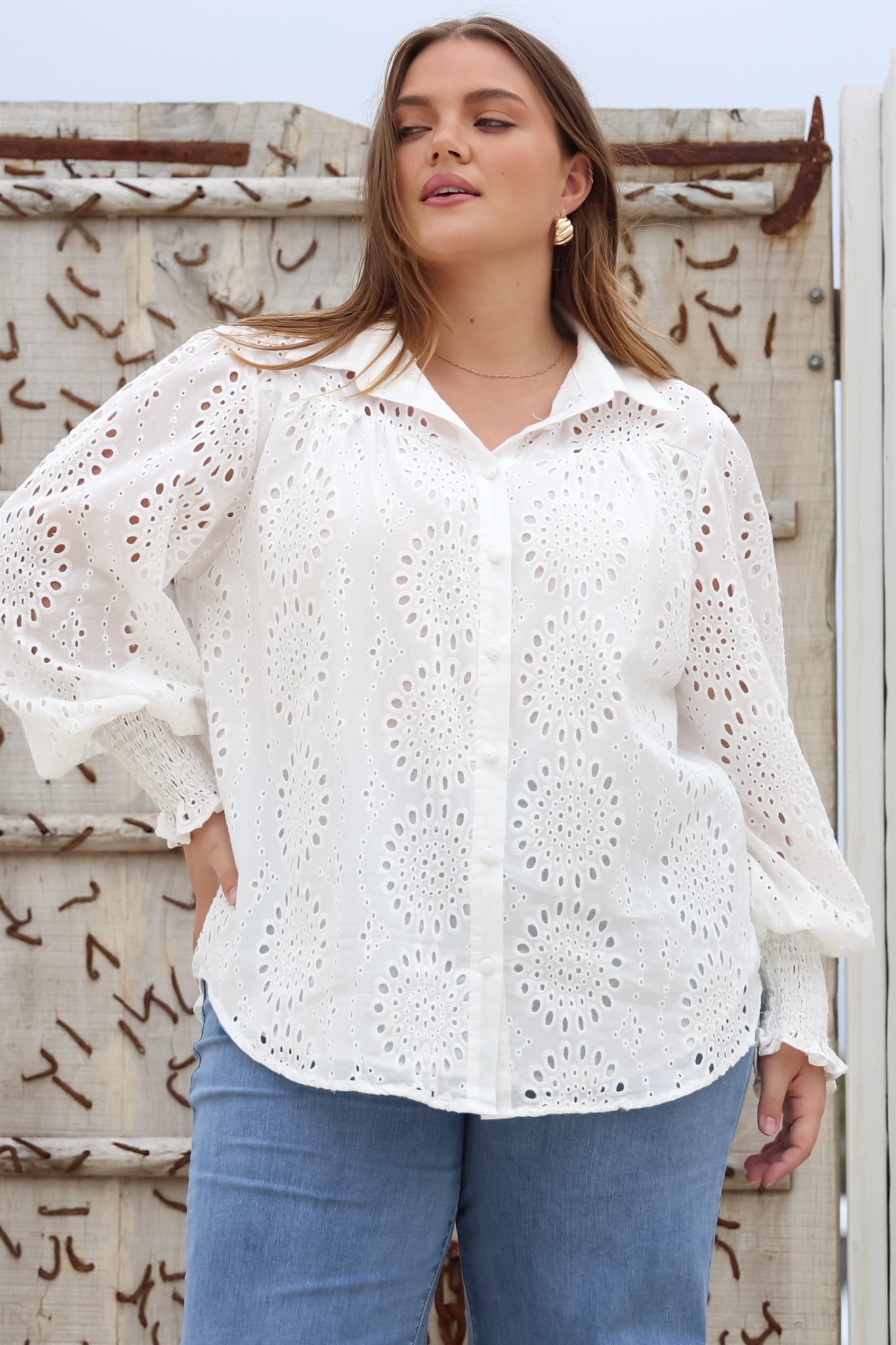 Benton Blouse - Hollow Out Embroidered Button Down Shirt in White
