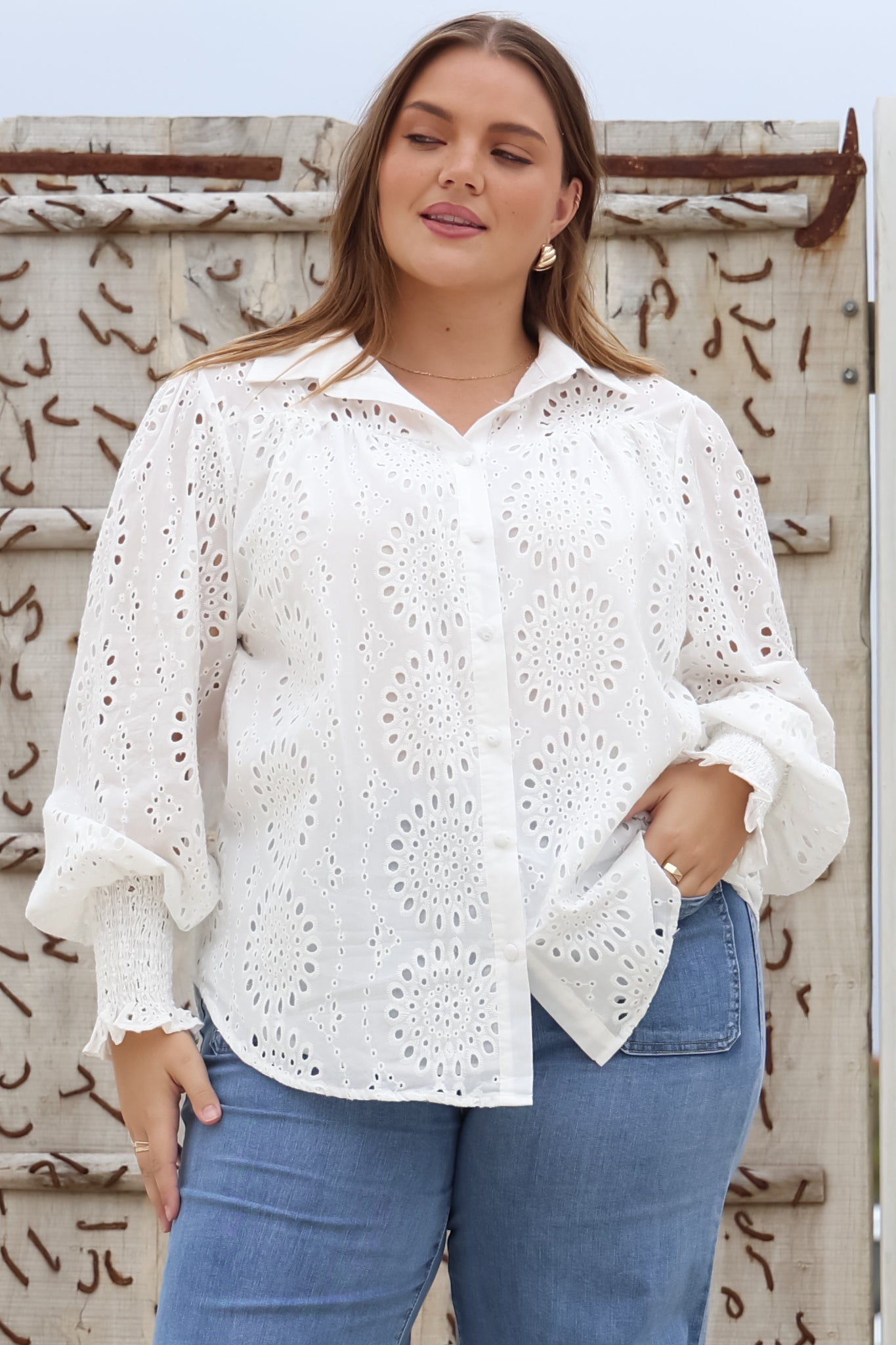 Benton Blouse - Hollow Out Embroidered Button Down Shirt in White