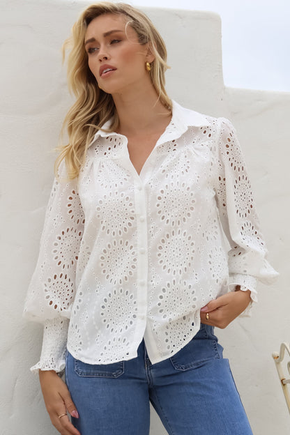 Benton Blouse - Hollow Out Embroidered Button Down Shirt in White
