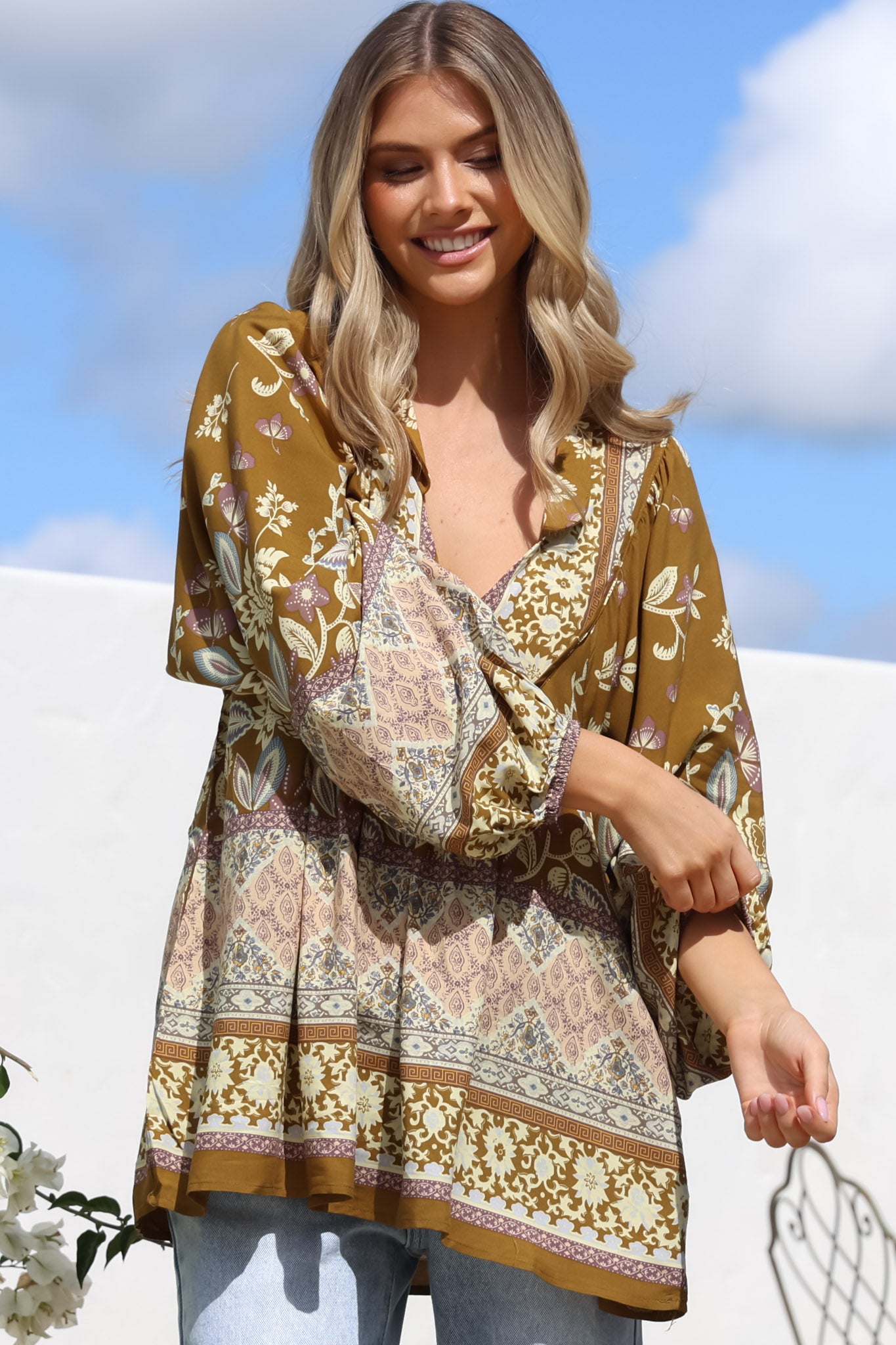 JAASE - Boheme Blouse: Thick Collar Smock Blouse with Long Sleeves in Emre Print