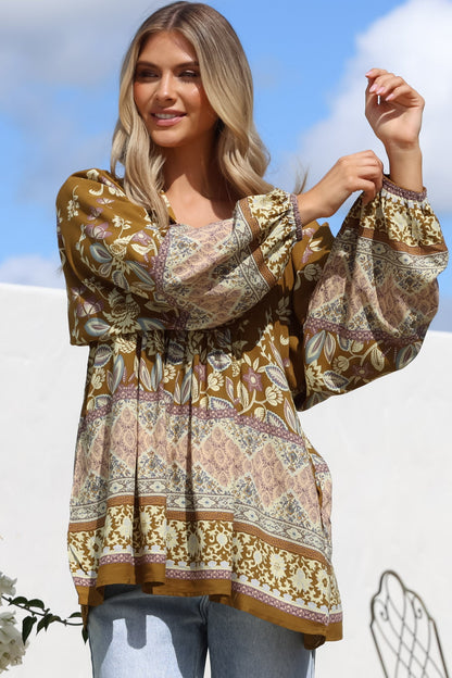 JAASE - Boheme Blouse: Thick Collar Smock Blouse with Long Sleeves in Emre Print