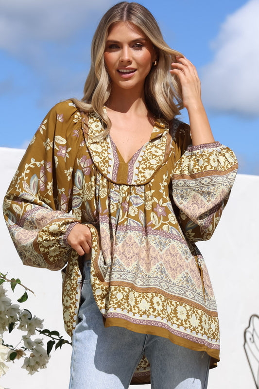 JAASE - Boheme Blouse: Thick Collar Smock Blouse with Long Sleeves in Emre Print