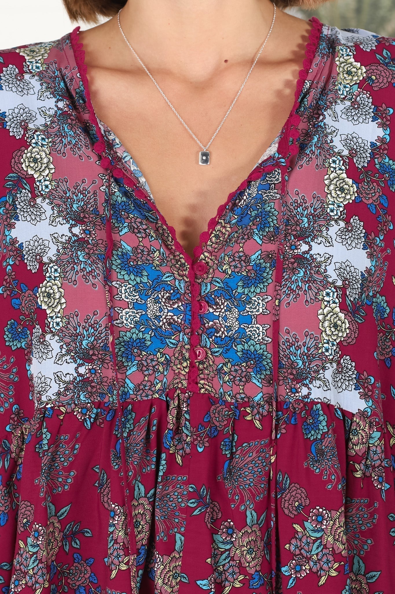 JAASE - Chloe Top: Very Oversized Crochet Trim Neckline Smock Top in Strawberry Kiss Print