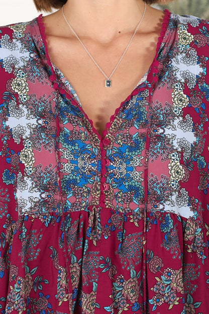 JAASE - Chloe Top: Very Oversized Crochet Trim Neckline Smock Top in Strawberry Kiss Print